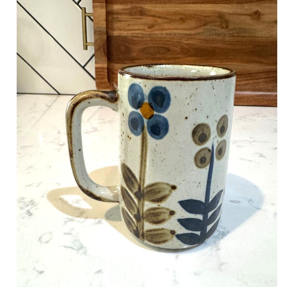 Vintage Otagiri Japan Glazed Ceramic Brown blue green floral 5” mug 70s MCM - Picture 3 of 8